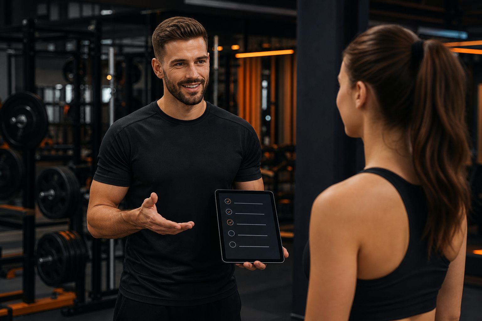 Trainer walking a new client through first-session onboarding